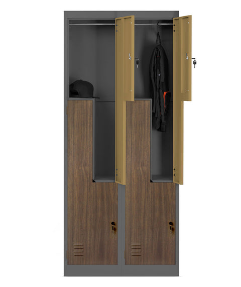 Metallgarderobe in L-Form Höhe 185cm mit Holzoptik