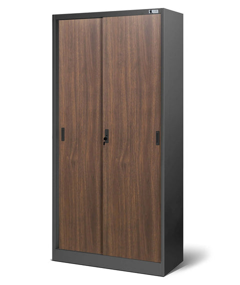 Metallschiebetürschrank Höhe 185cm mit Holzoptik