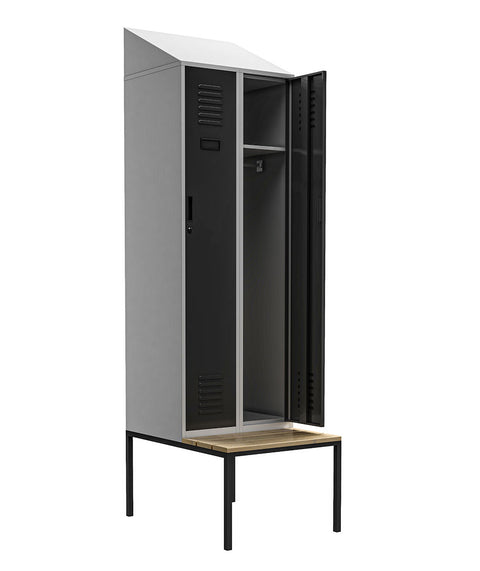 Metallgarderobe mit 2 Abteilen Höhe 180cm mit Bank