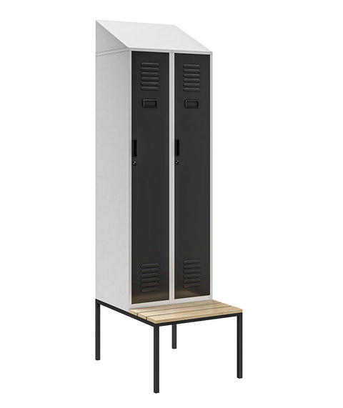 Metallgarderobe mit 2 Abteilen Höhe 180cm mit Bank