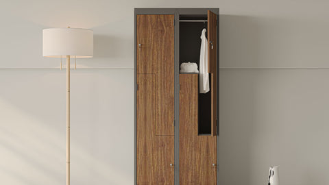 Metallgarderobe in L-Form Höhe 185cm mit Holzoptik